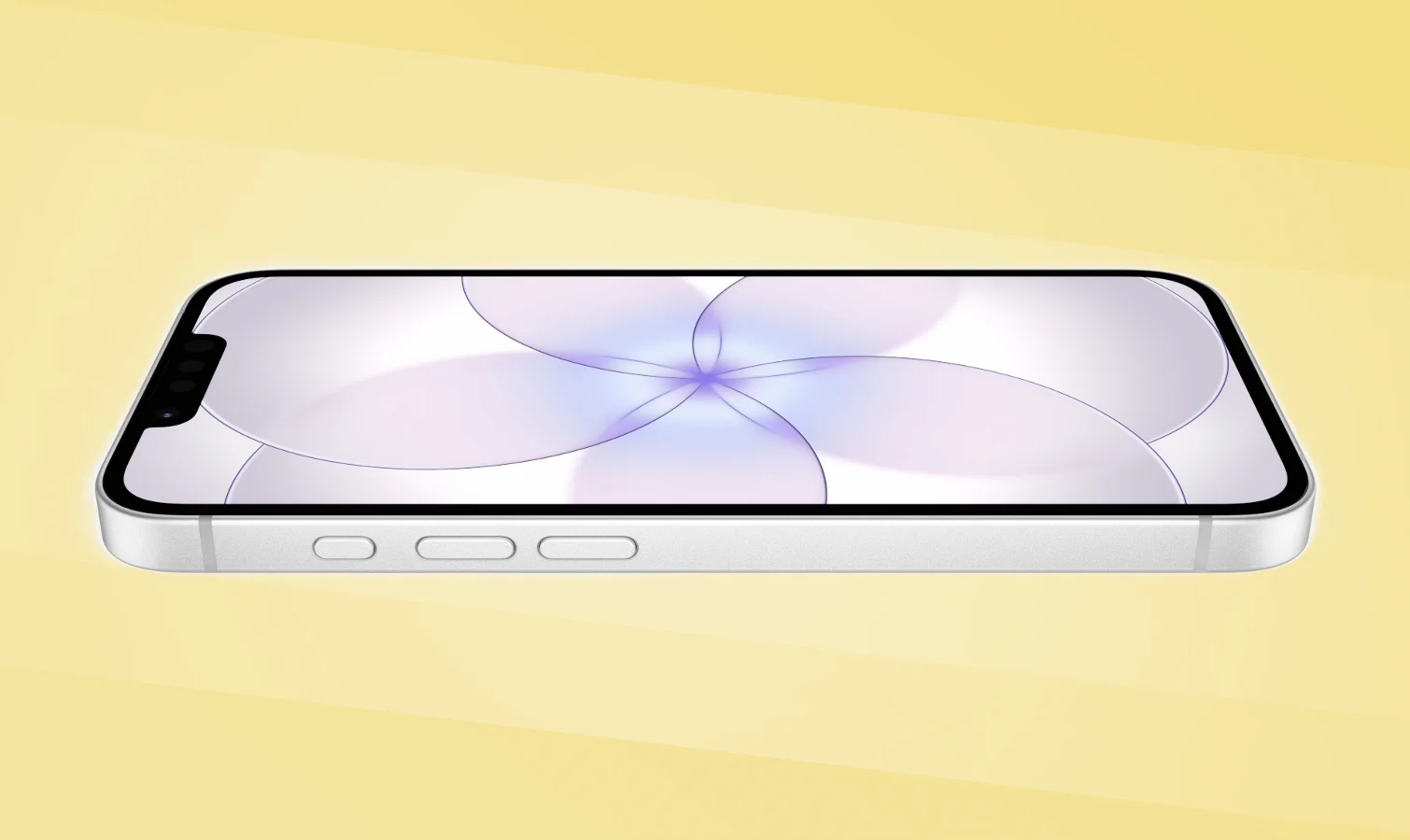 iPhone 17e on its back with yellow background.