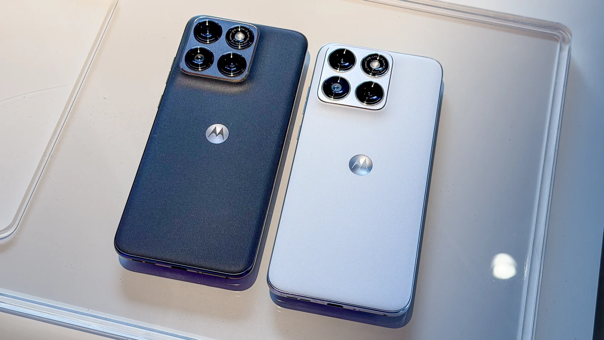 Moto Razr Fold in Blackened Blue and Lily White