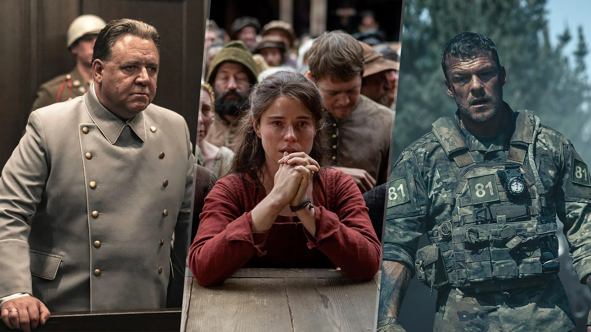 (L-R) Russell Crowe as Hermann Göring in "Nuremberg", Jessie Buckley as Agnes in "Hamnet", Alan Ritchson in "War Machine"